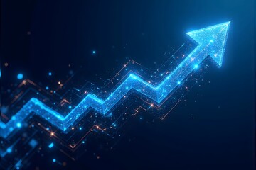 Digital, glowing, upward, arrow, against, dark, background, night.