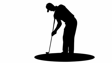 Silhouette of a golfer in mid swing wearing a cap and dark clothing on a white background ready to putt