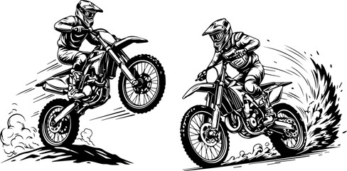 Motocross Riders Set – Black and White Vector Illustration