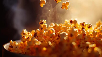 Popping golden popcorn under warm light in slow motion, capturing dynamic motion and aroma - Powered by Adobe
