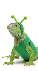 Fototapeta premium iguana dressed in a green alien costume, Funny Martian Halloween costume, white background