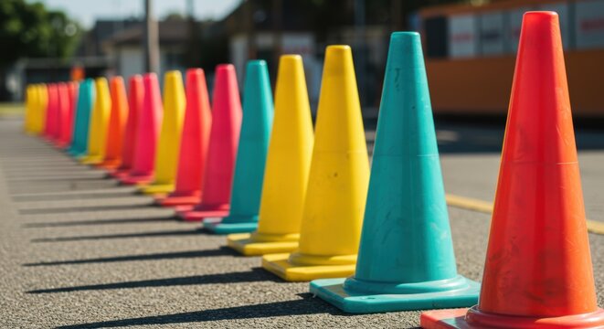 Colorful Traffic Cones Lined Up on Asphalt Road - Powered by Adobe