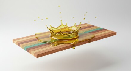 Olive oil splash on a colorful wooden board on white background