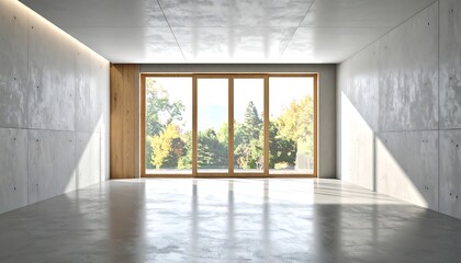 Obraz premium A spacious, modern interior boasts neutral concrete walls, a light-filled space, and a view of the outdoors.