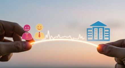 Hands holding glowing digital connection between customers and bank symbolizing relationship management and financial services