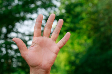 Attention please - gesture. Beautiful hand on green background.
