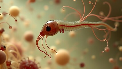 Microscopic view of decapitated sperm with parasite tendrils