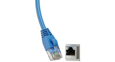Network Connection Closeup: The detailed perspective showcases a vibrant blue network cable next to its corresponding interface, symbolizing seamless data transfer and online connectivity.