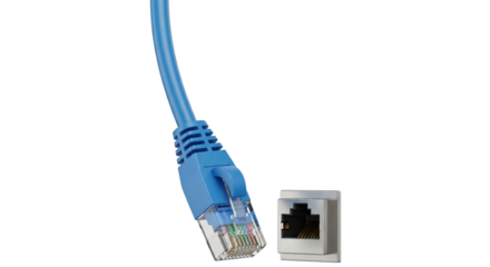 Network Connection Closeup: The detailed perspective showcases a vibrant blue network cable next to its corresponding interface, symbolizing seamless data transfer and online connectivity.