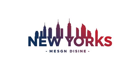 Stylized graphic of the New York City skyline in blue and red gradient with text "NEW YORKs" and "MESGN DISINE" below.