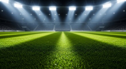 Obraz premium Empty soccer stadium under bright lights ready for game
