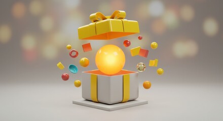 Opened gift box with light orb and confetti for celebration