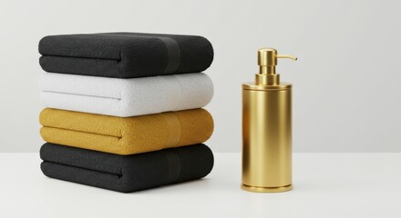 Stack of neatly folded towels with soap dispenser on white