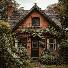 Cottage home, red brick style, covered in foliage