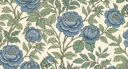 Vintage blue rose floral pattern with green leaves