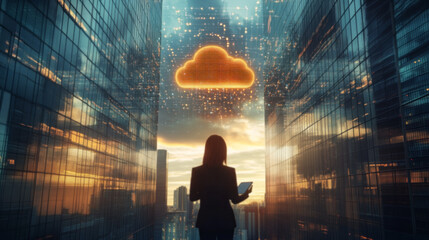 Businesswoman Using Cloud Technology in Modern City
