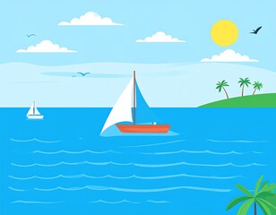 Serene seascape with sailing boats, tropical island and gentle waves