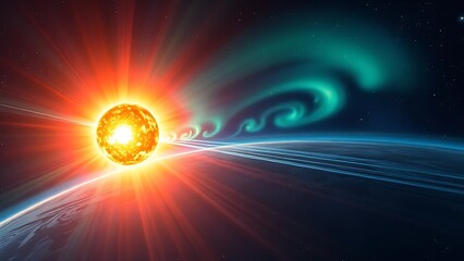 A painterly solar corona explosion with rippling aurora energy cascading toward a small blue planet.