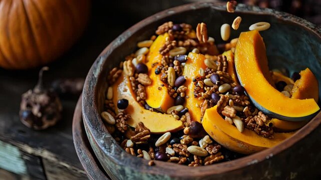 Vibrant autumn harvest: pumpkin slices with granola and seeds in rustic setting