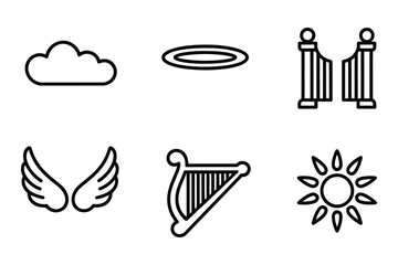 Heavenly icon set featuring clouds gates harp angel wings halo and sun symbols vector