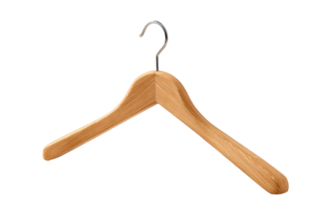 Light-brown wooden coat hanger with a metal hook.  Smooth, curved arms
