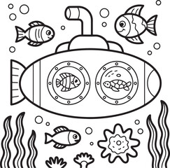 Submarine exploration with fish and sea life turtle seaweed