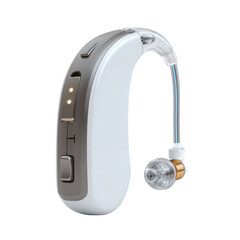 Realistic 3D Render of a Hearing Aid Device with Transparent Earbud and Sleek White Design