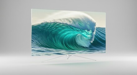 Modern curved television displaying a powerful ocean wave, isolated on a white studio background