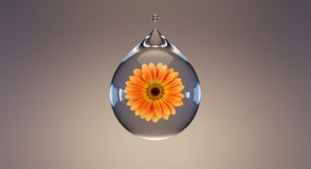 Orange gerbera flower encapsulated in a clear drop of water