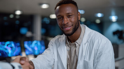 Obraz premium A cheerful scientist in a lab coat offers a handshake in a modern office environment, exemplifying professionalism and collaboration in research and technological innovation.