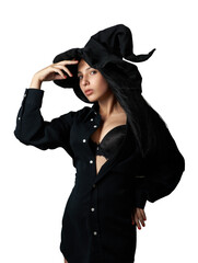 Stylish Woman in Black Witch Hat