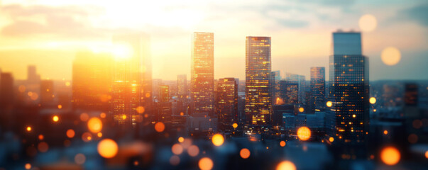 Blurred City Skyline with Bokeh Lights at Sunset