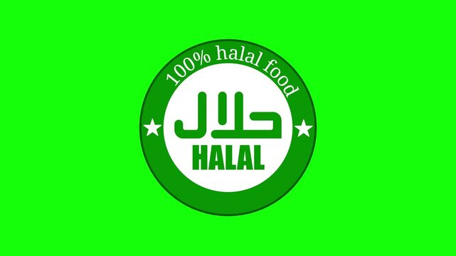 Halal stamp animation on a green background as a marker for food or beverages for Muslims.