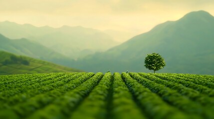Serene tea plantation with lone tree and misty mountains