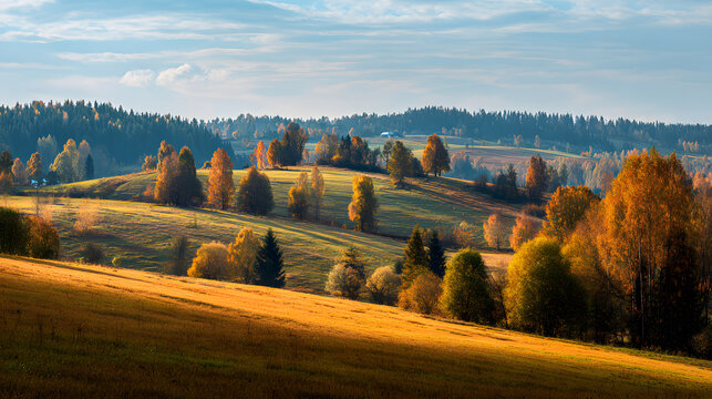 Wonderful landscape during autumn, sunny rural panoramic view. Countryside scenery. Typical autumn colors. Wonderful landscape during fall season, typical orange, brown automn colors. Tranquil scenery