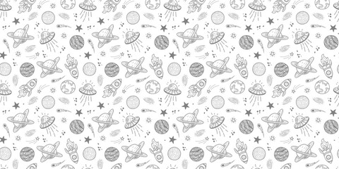 space pattern background. Space background. Space doodle illustration. Seamless pattern with cartoon space rockets, planets, stars. space element seamless pattern background. © riansa28