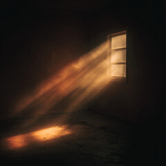 Golden sunlight filtering through grimy windowpane, casting luminous rays across desolate interior, highlighting dancing dust particles in shadowy, forgotten space