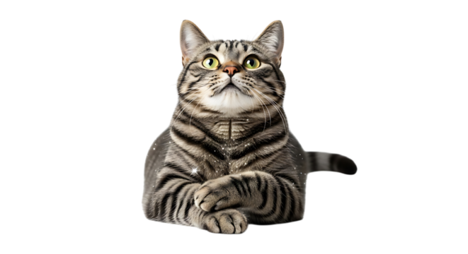 Tabby cat looking up isolated on transparent background with paws crossed