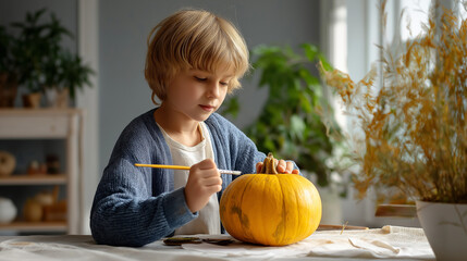 A child painting a pumpkin in soft sunlight