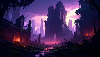 A mystical, twilight landscape of ruined structures