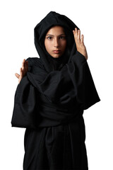 Mysterious Woman in Black Hooded Cloak