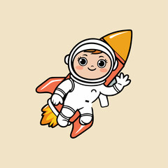 An adorable astronaut flying through a whimsical space filled with candy-shaped planets on a pencil rocket adorned with colorful stickers and doodles.