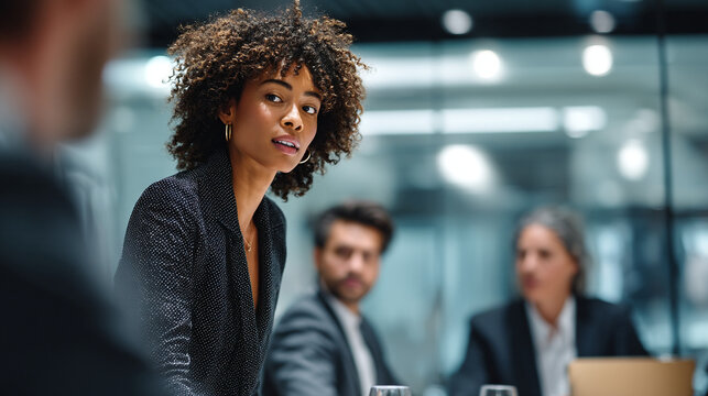 A young african american woman in a meeting with colleagues in a modern office setting during the daytime