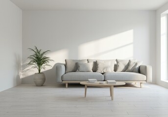 Fototapeta premium Bright, minimalist living room with light gray couch, wooden coffee table, and potted plant