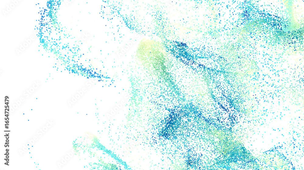 Poster high-resolution abstract background image featuring a scatter of blue and green particles on a white