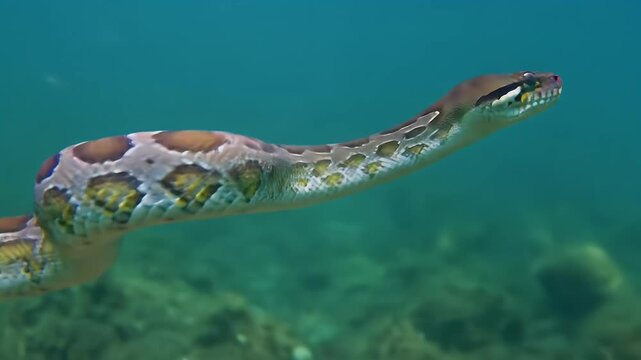 Large Patterned Snake Gliding Gracefully Underwater in Clear Tropical Waters, a Powerful Aquatic Reptile in its Natural Habitat