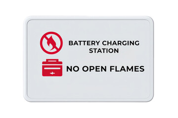A sign indicating a battery charging station with warnings against open flames.