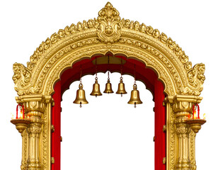 Mataji temple entrance archway with golden bells, diya lamps glowing on both sides