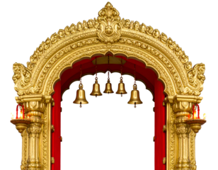 Mataji temple entrance archway with golden bells, diya lamps glowing on both sides