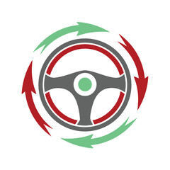 Stylized steering wheel with red and green arrows in circular motion automobile vehicle
